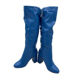 Blue Chic Knee High Boots Stretch Pull On Round Closed Toe Block Heel Long Boot